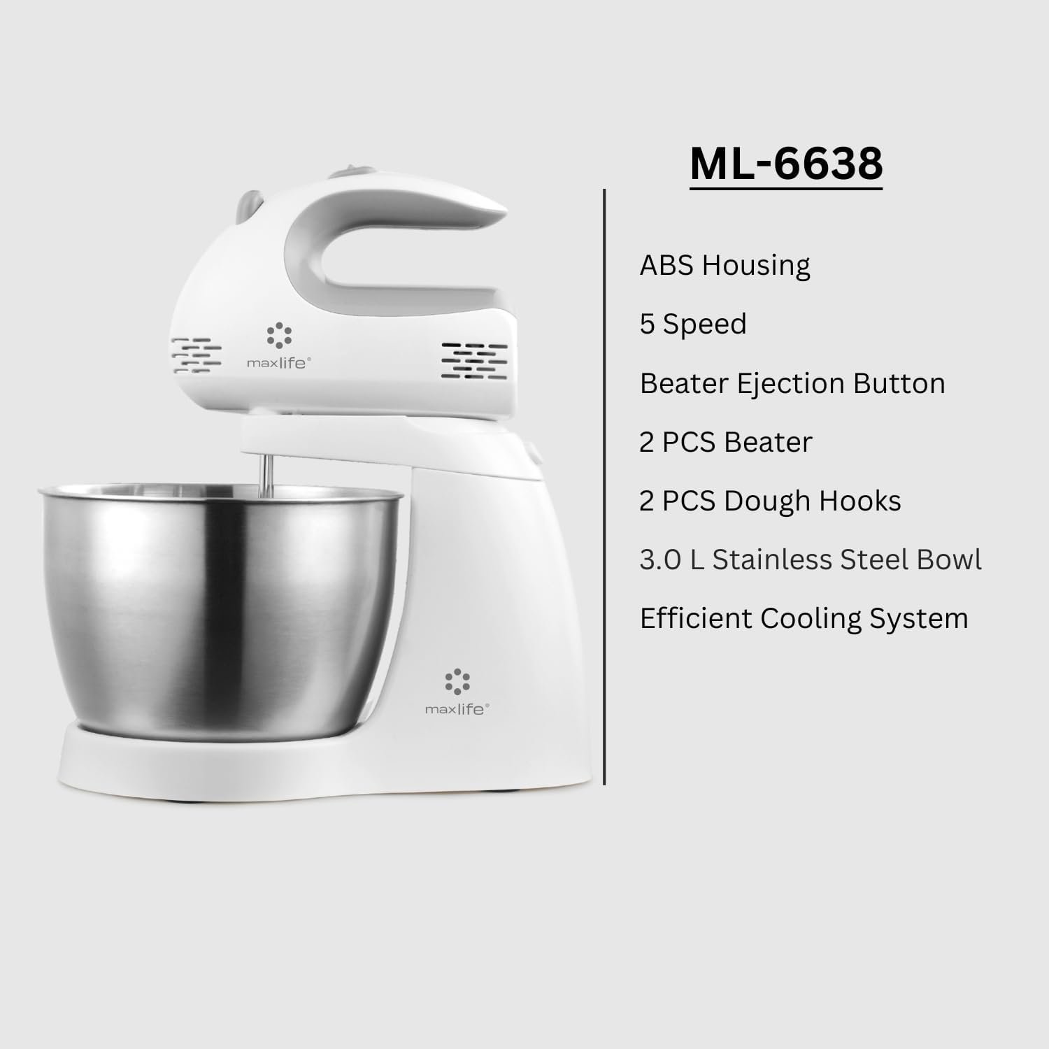 Max Life 3.2 Quarts Stand Mixer - 5-Speed Electric Powerful Stand Mixer, White, with Stainless Steel Bowl, Dough Hooks, Beaters, - Image 5