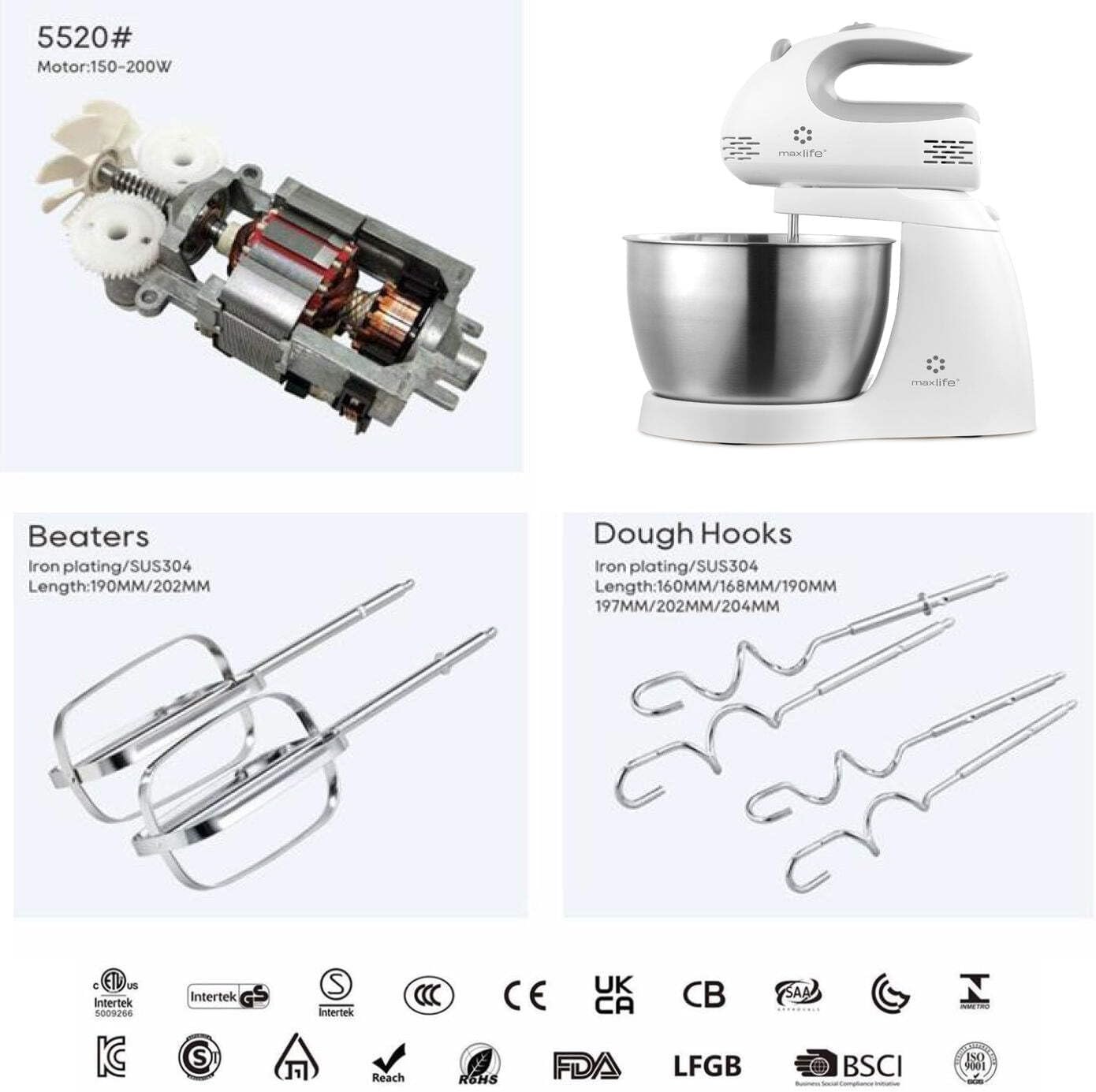 Max Life 3.2 Quarts Stand Mixer - 5-Speed Electric Powerful Stand Mixer, White, with Stainless Steel Bowl, Dough Hooks, Beaters, - Image 9