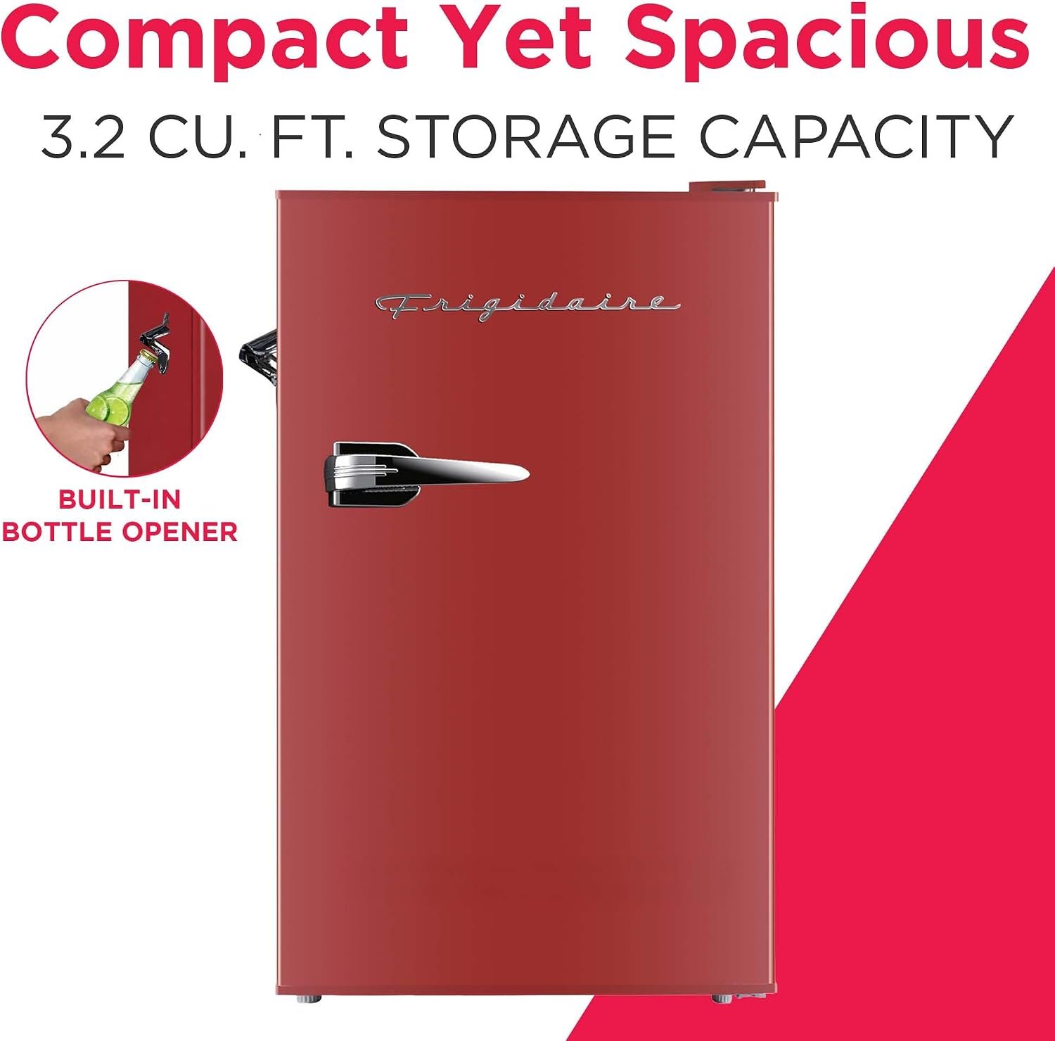 Frigidaire Retro Compact Fridge with Chiller, 3.2 cu ft Countertop Fridge with Built-in Bottle Opener, Compact Refrigerator for Office, Bedroom, Dorm Room or Cabin - 16.5" D x 19" W x 31" H (Red) - Image 3