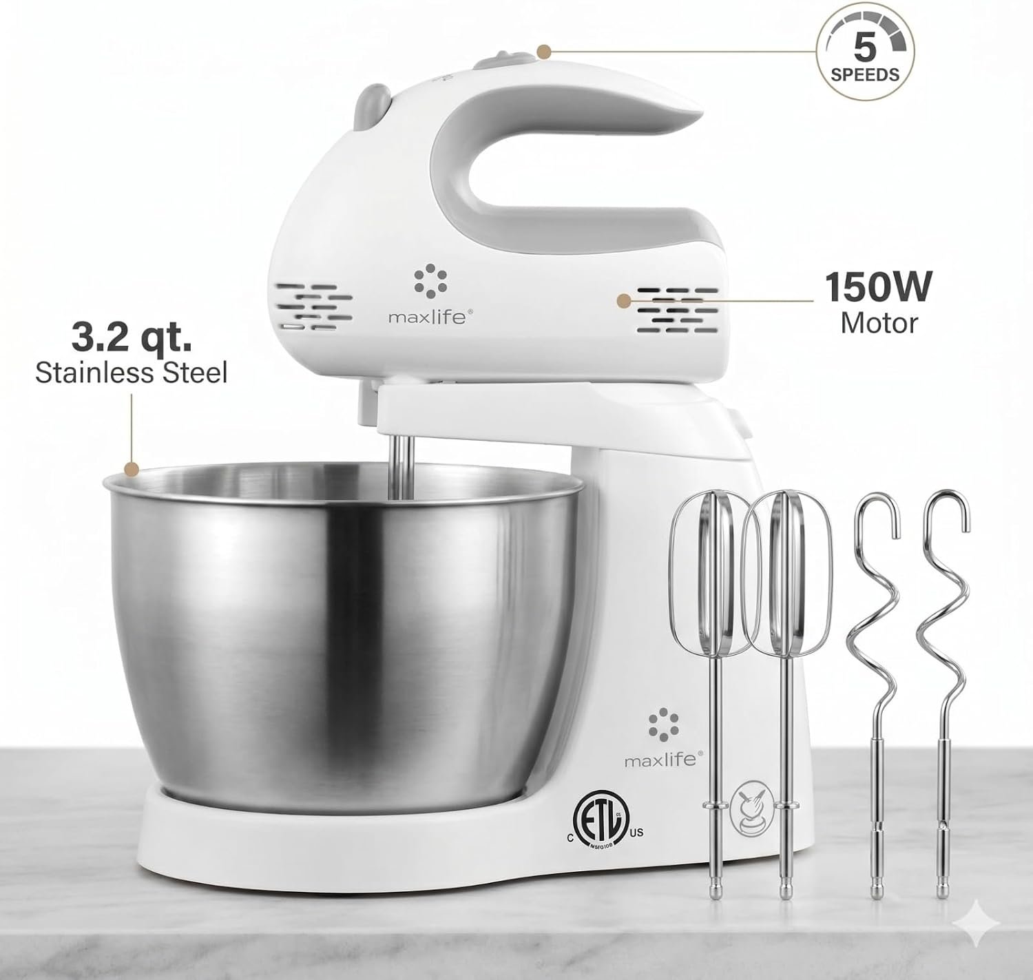 Max Life 3.2 Quarts Stand Mixer - 5-Speed Electric Powerful Stand Mixer, White, with Stainless Steel Bowl, Dough Hooks, Beaters, - Image 4