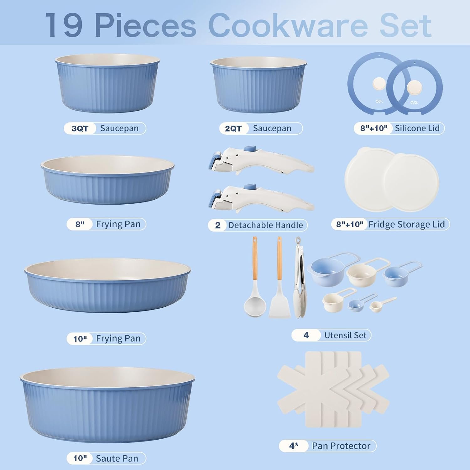 KOCH SYSTEME CS 19 Piece Pots and Pans Set with Detachable Handle, Nonstick Removable Handle Ceramic Cookware Set, Induction Kitchen Stackable Set, Dishwasher & Oven Safe, PFAS PTFE PFOA Free - Image 6