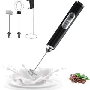 Rechargeable Milk Frother Handheld with Stand, Electric Whisk 3 Speeds Adjustable, Hand Held Coffee Frother with 2 Whisks, Drink Mixer for Latte, Espresso, Cappuccino, Protein Powder, Egg, Black