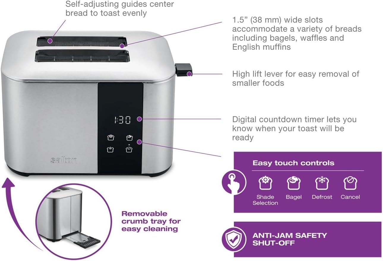 Salton Stainless Steel Countdown Long Slot Toaster 2 Slice with Extra Wide 1.5" slots for Bagels, Waffles, 6 Shade Settings with Timer (ET2137) - Image 5