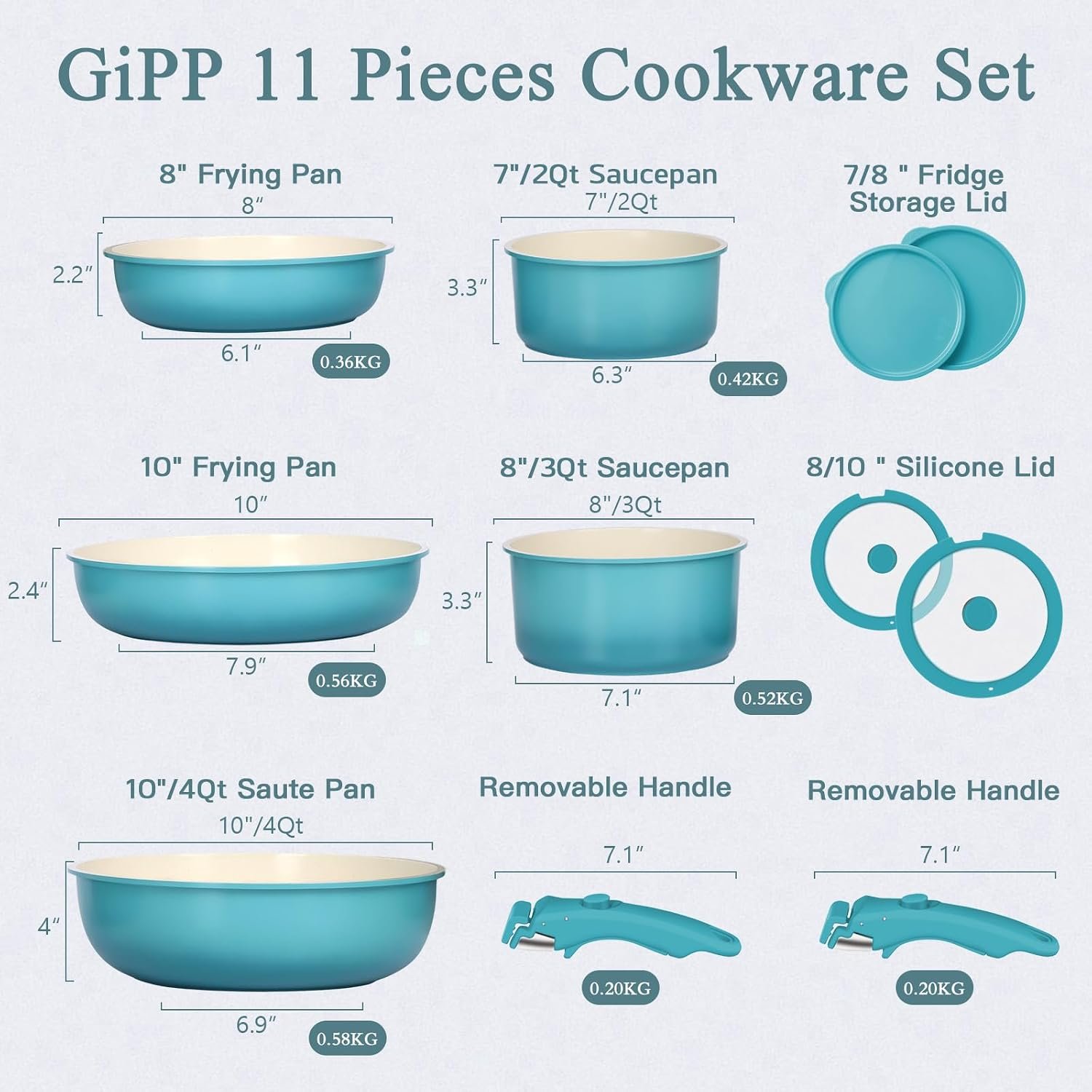 GIPP 11pcs Pots and Pans Set Non Stick, Nonstick Cookware Set Detachable Handle,Ceramic Pots for Cooking Non Stick with Removable Handle, RV Cookware Set, Light Blue Gradient - Image 3