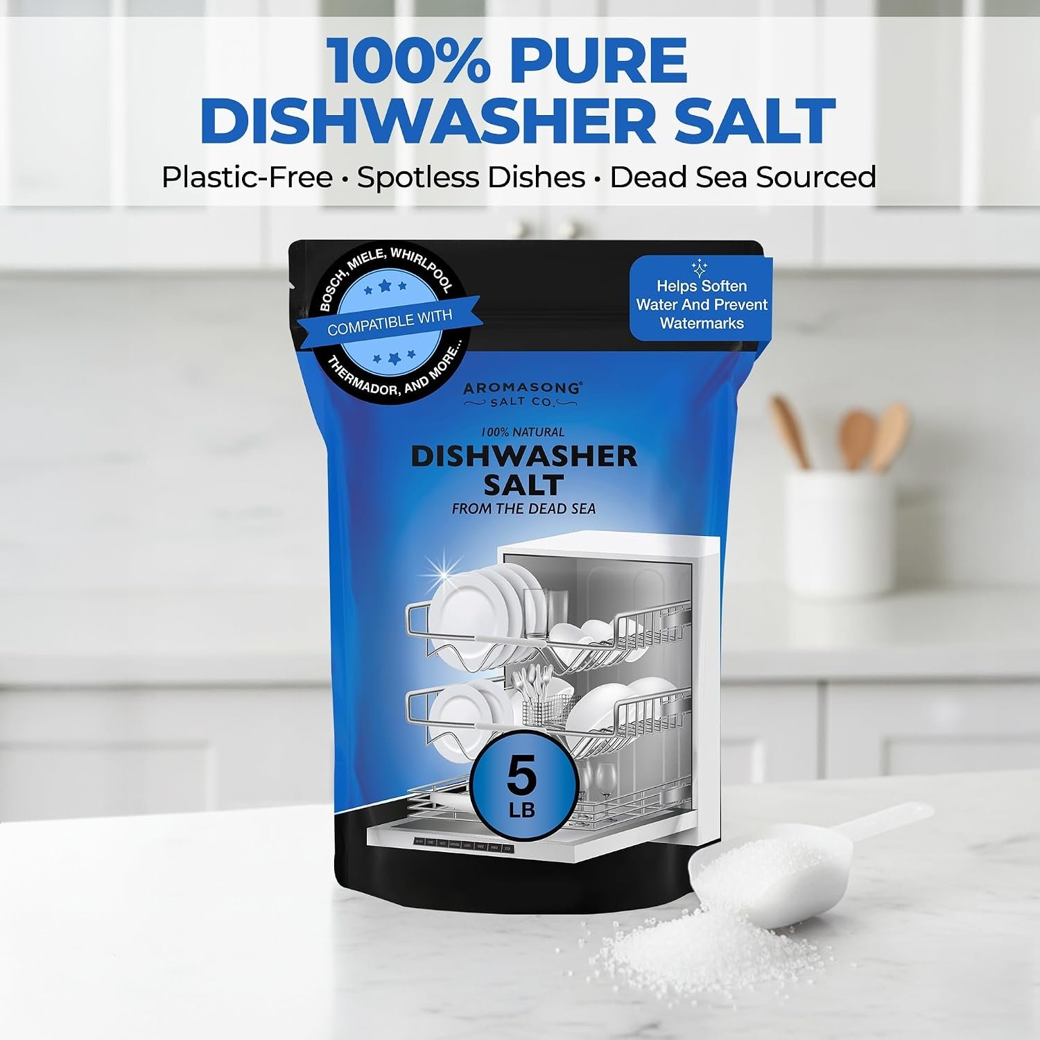 Aromasong Dishwasher Salt 10 LB - 100% Natural Water Softening Agent Compatible with Bosch, Miele, Whirlpool, Thermador and Mor... For Cleaner Dishes & Washer Reactivation (packaging may vary) - Image 3