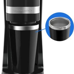 Elite Gourmet EHC111A Maxi-Matic Personal 14oz Single-Serve Compact Coffee Maker Brewer, Includes Stainless Steel Interior Thermal Travel Mug, Compatible with Coffee Grounds, ReCaable Filter, Black