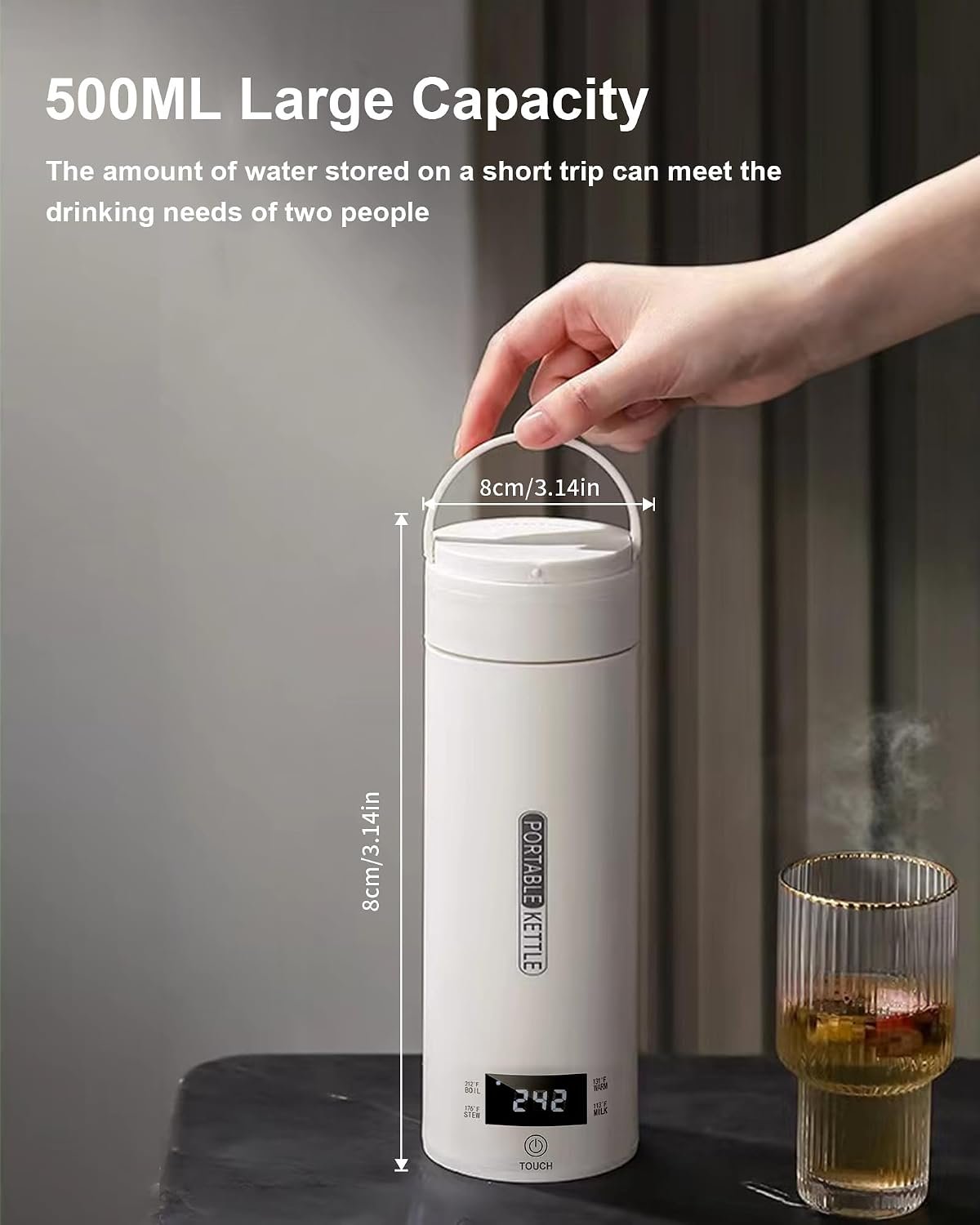 VICBINLY Travel Electric Tea Kettle, 450ml Portable Kettle, Mini Tea Kettle, One Cup Hot Water Boiler Mini Kettle Automatic Shut Off, Temperature Control, White TKB03 - Image 3