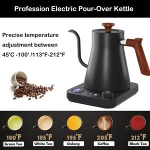 Electric Gooseneck Kettle, 304 Stainless Steel Electric Tea Kettle Temperature Control Pour-Over Coffee and Tea Pot 1200W Quick Heating Hot Water Boiler Anti-dry Protection, 0.9L (Black)