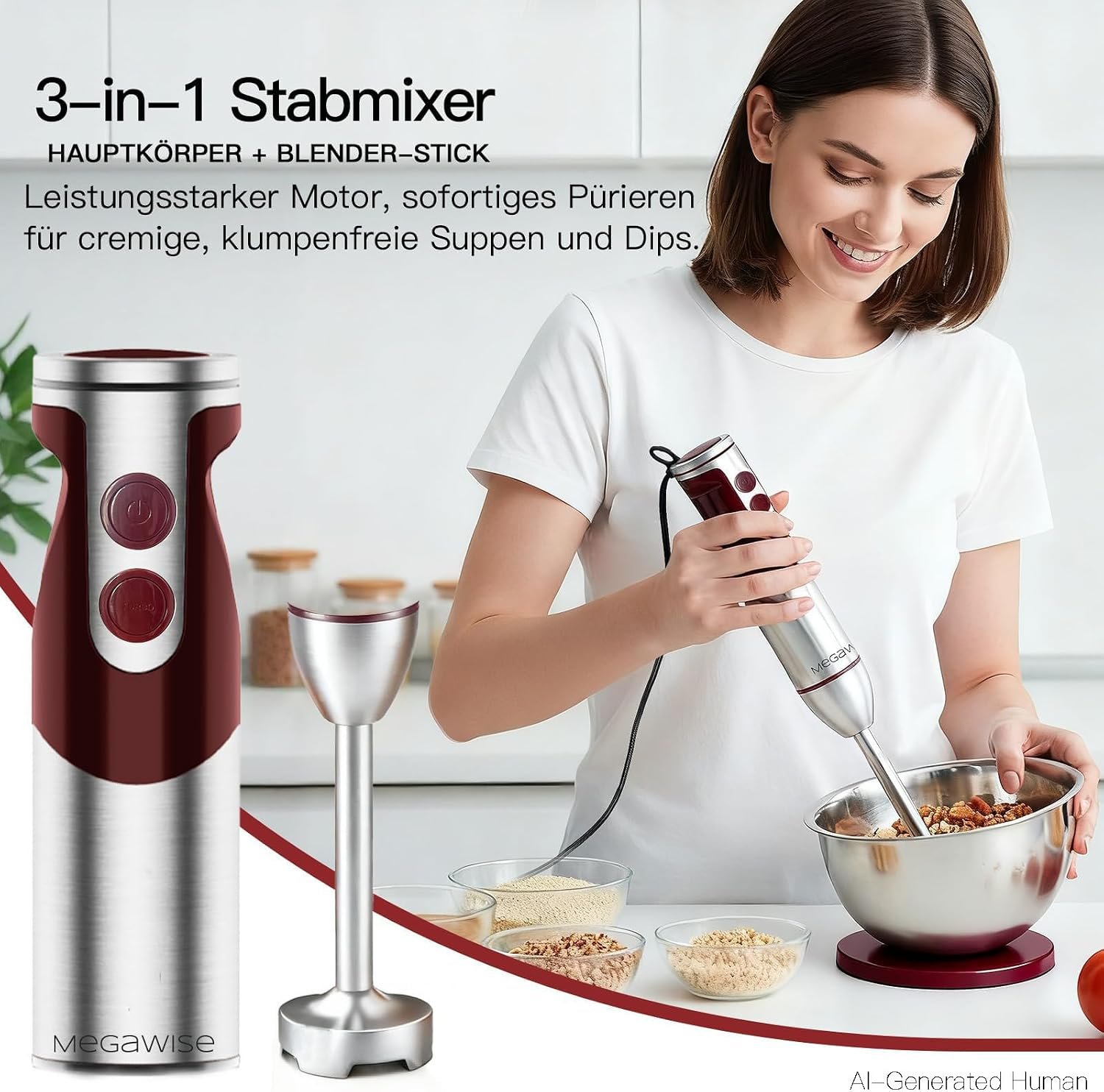 MegaWise Pro Titanium Reinforced 3-in-1 Immersion Corded Hand Blender, Powerful MOTOR with 80% Sharper Blades, 12-Speed Corded Blender, IncludingWhisk and Milk Frother (3-in 1 Red) - Image 9