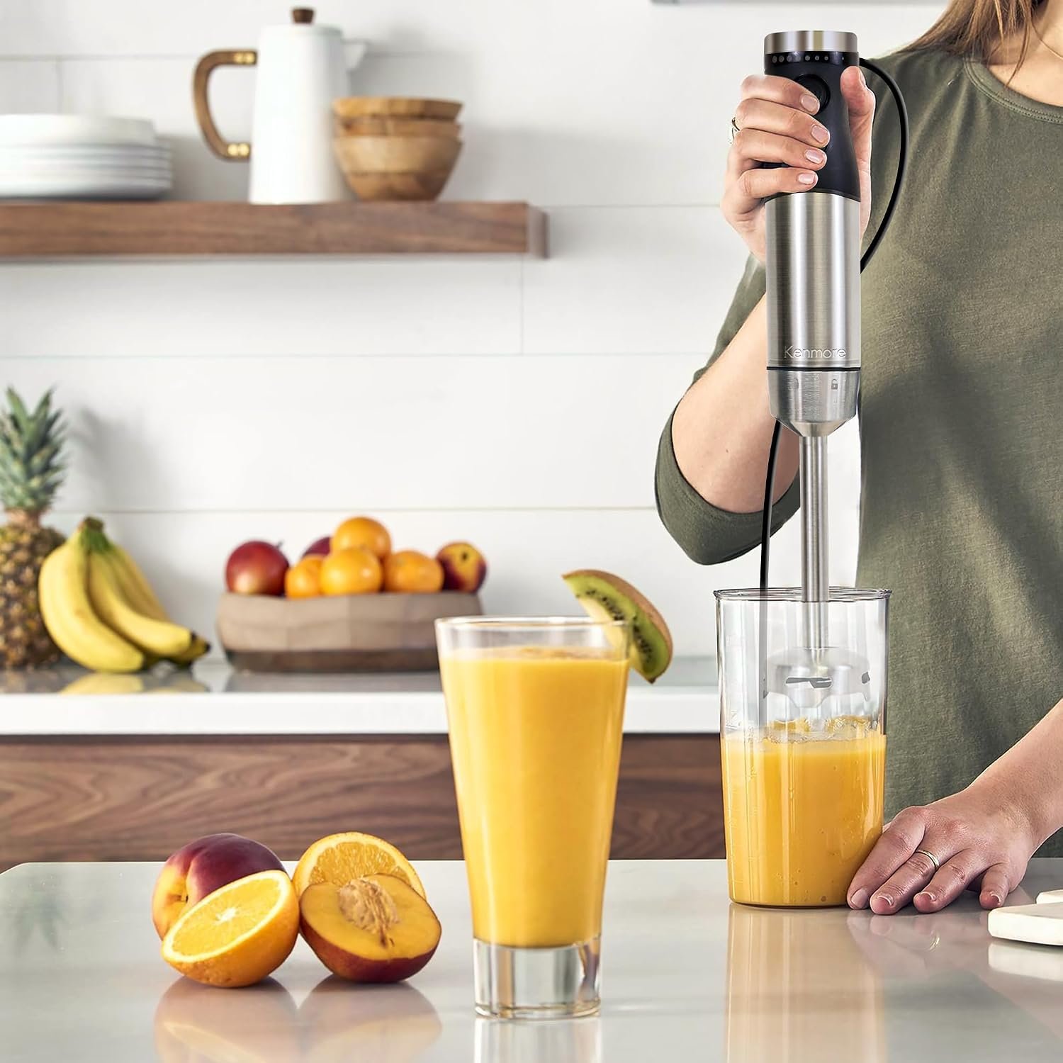 Kenmore Immersion Hand Blender Mixer Variable Speed Handheld Blending Stick Smoothie Food Chopper Whisk 700mL Beaker Lid Baby Food Red Sauces Puree Soup Quad Blade Kitchen Black Silver - Image 3
