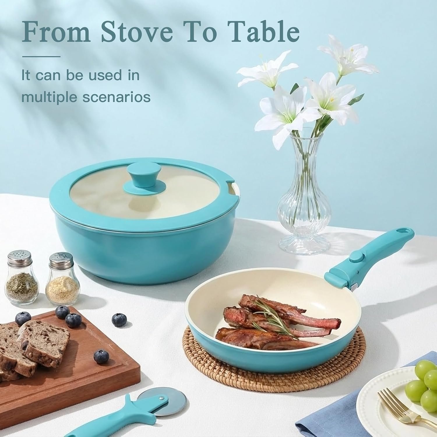 GIPP 11pcs Pots and Pans Set Non Stick, Nonstick Cookware Set Detachable Handle,Ceramic Pots for Cooking Non Stick with Removable Handle, RV Cookware Set, Light Blue Gradient - Image 5