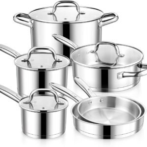 E-far Stainless Steel Cookware Set, 10-Piece Induction Pots and Pans Set
