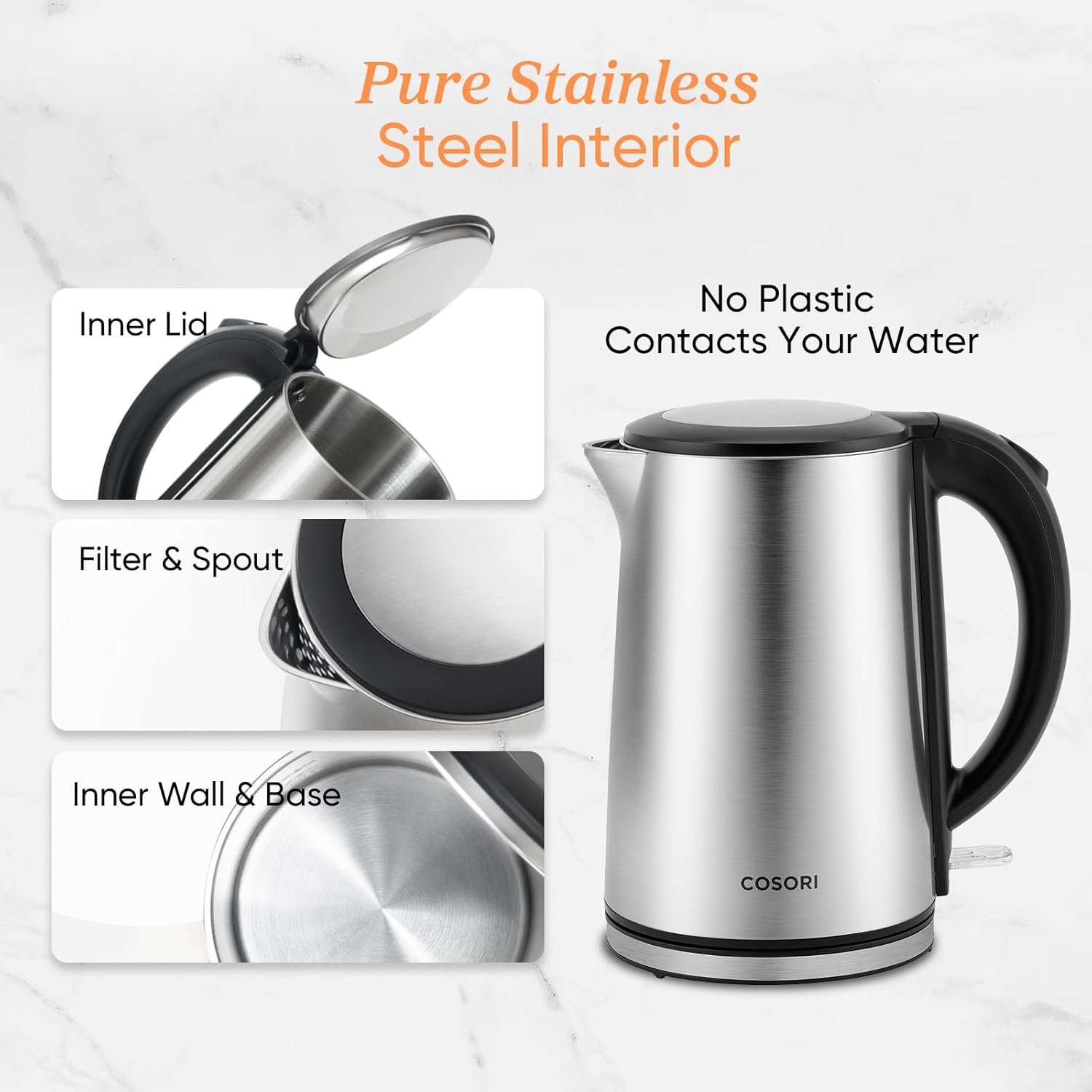 COSORI Electric Tea Kettles for Boiling Water, 1.5L Automatic Shut Off & Boil-Dry Protection, BPA Free, Silver - Image 3