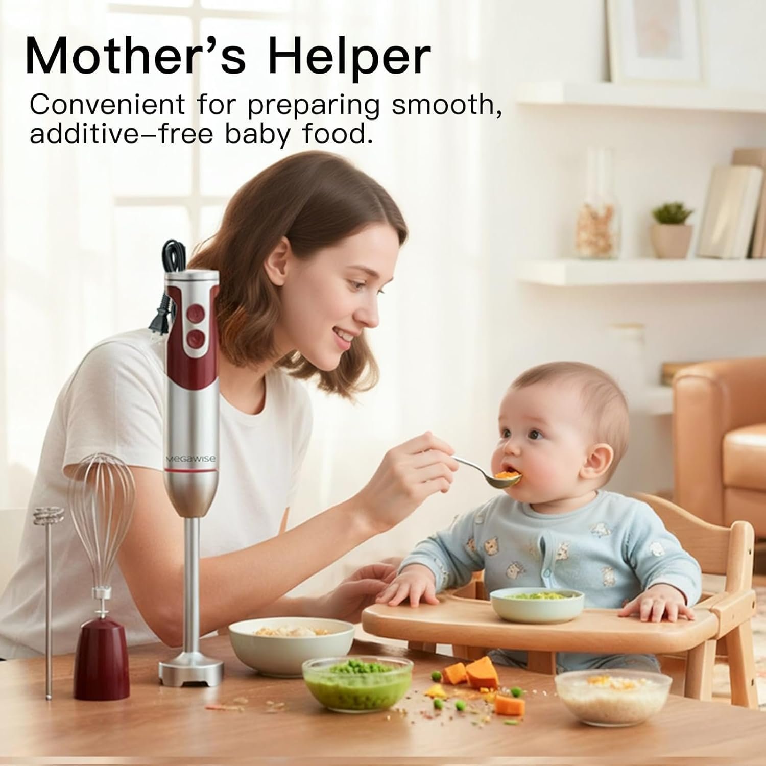 MegaWise Pro Titanium Reinforced 3-in-1 Immersion Corded Hand Blender, Powerful MOTOR with 80% Sharper Blades, 12-Speed Corded Blender, IncludingWhisk and Milk Frother (3-in 1 Red) - Image 4
