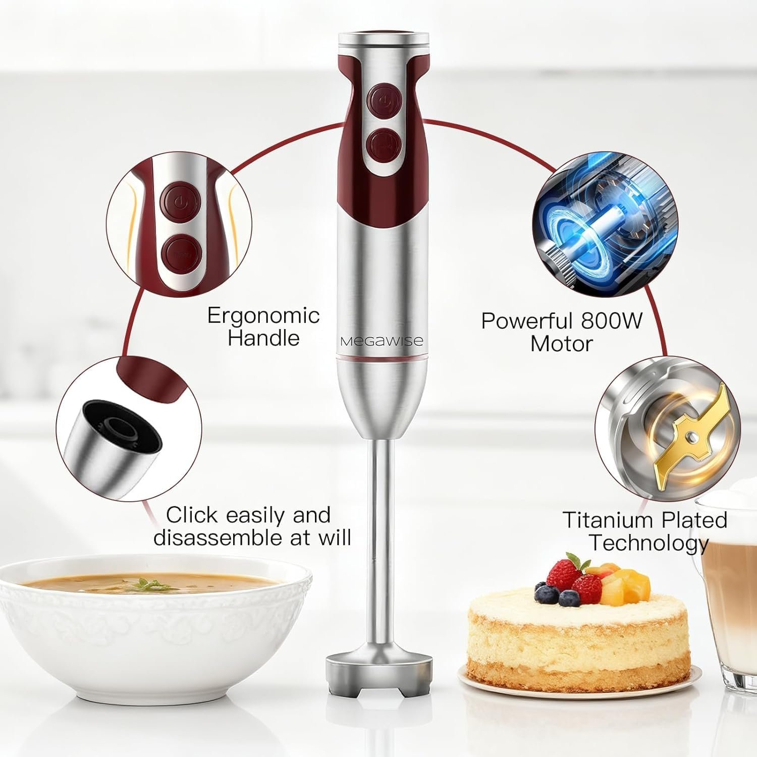 MegaWise Pro Titanium Reinforced 3-in-1 Immersion Corded Hand Blender, Powerful MOTOR with 80% Sharper Blades, 12-Speed Corded Blender, IncludingWhisk and Milk Frother (3-in 1 Red) - Image 5