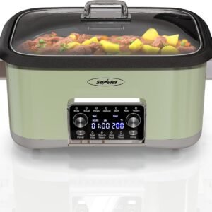 Sunvivi 8 Quart Slow Cooker Roaster Oven, 12 in 1 programmable Multi-Cooker Food Warmer with Digital Timer, Removable Cast Aluminum Pot & Dishwasher-Safe Tempered Glass Lid, Stainless, Green