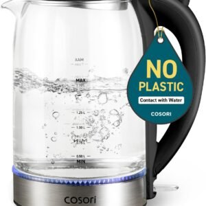 Cosori Glass Electric Kettle 1500W, Plastic-Free, 1.7L, Cordless, Black | Fast Boiling for Tea and Coffee, Auto Shut-Off, Boil-Dry Protection, No Plastic Contact with Water, Easy-Clean Wide Opening