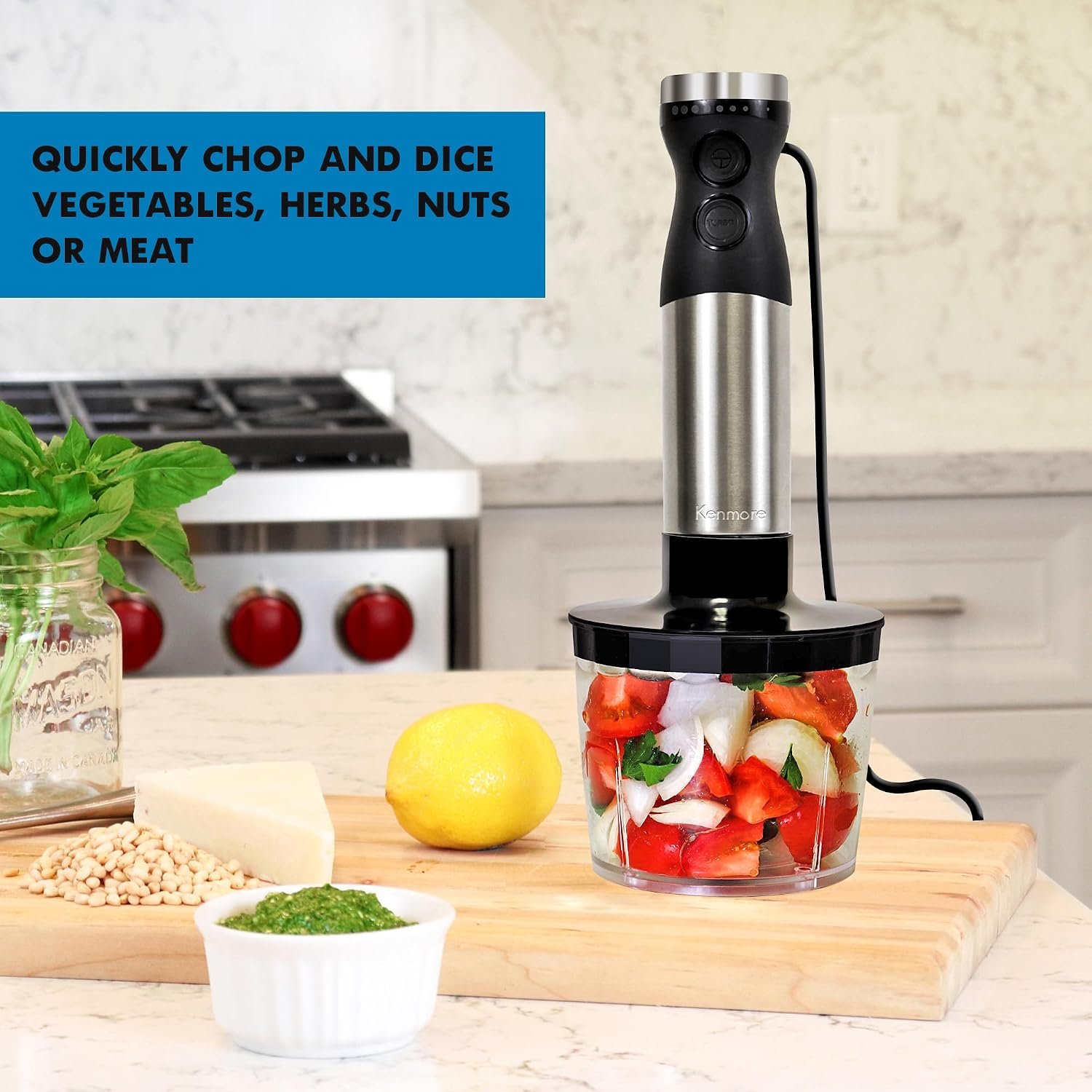 Kenmore Immersion Hand Blender Mixer Variable Speed Handheld Blending Stick Smoothie Food Chopper Whisk 700mL Beaker Lid Baby Food Red Sauces Puree Soup Quad Blade Kitchen Black Silver - Image 4