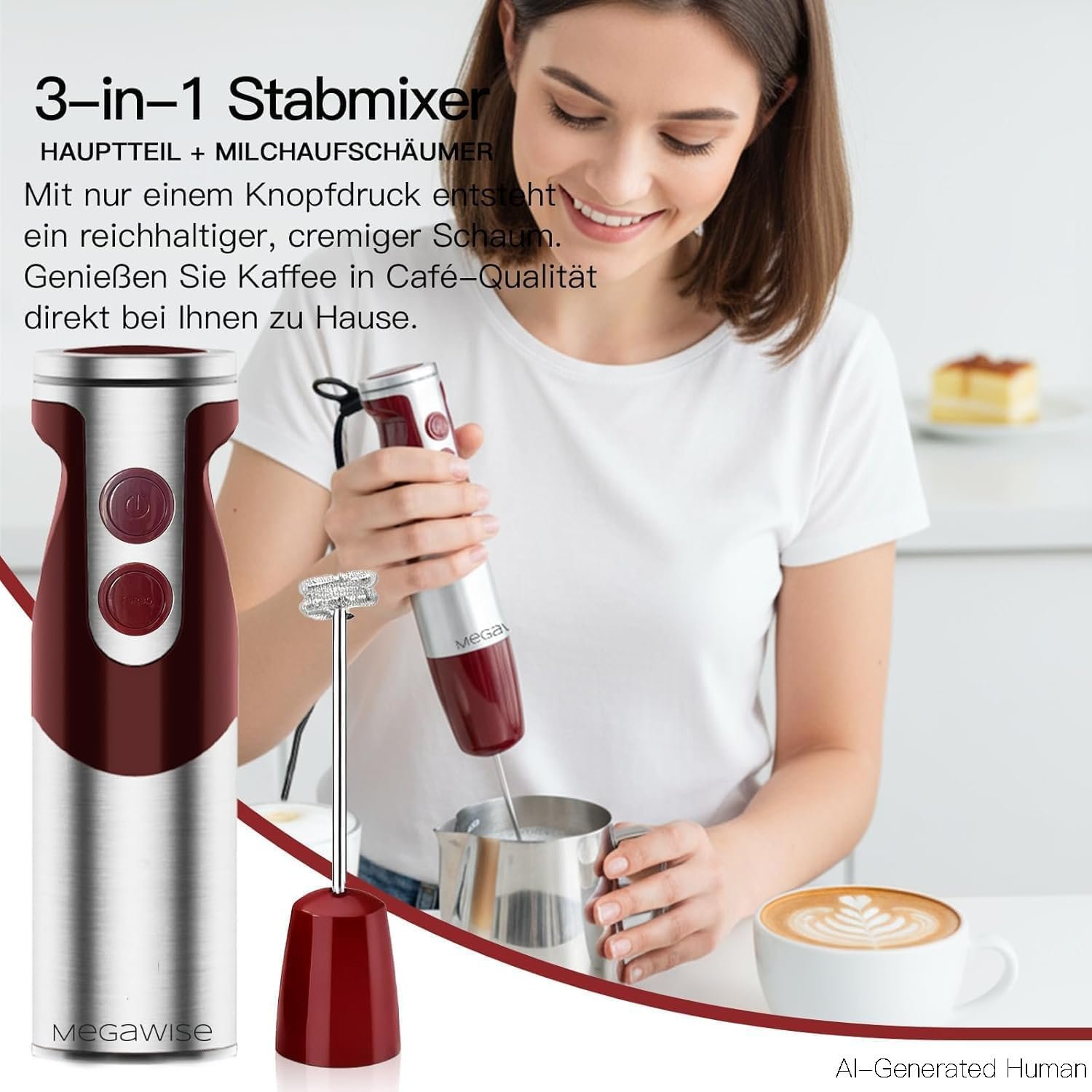 MegaWise Pro Titanium Reinforced 3-in-1 Immersion Corded Hand Blender, Powerful MOTOR with 80% Sharper Blades, 12-Speed Corded Blender, IncludingWhisk and Milk Frother (3-in 1 Red) - Image 8