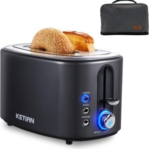 2 Slice Toaster with Cover,KETIAN Retro Stainless Steel Toasters,1.5” Extra Wide Slot,Cancel Bagel Defrost Reheat Functions, 6 Toast Browning Settings, Removable Crumb Tray,Black
