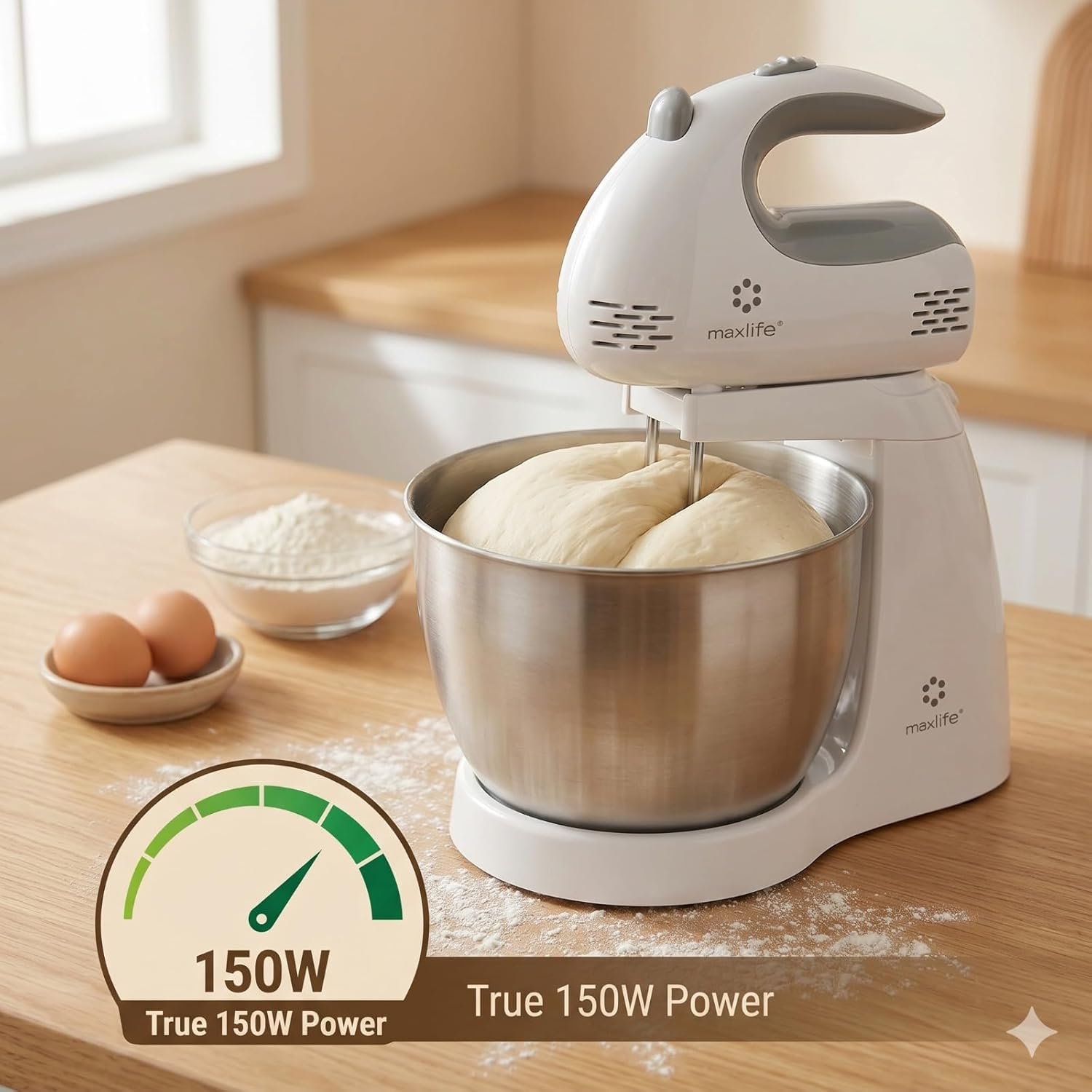 Max Life 3.2 Quarts Stand Mixer - 5-Speed Electric Powerful Stand Mixer, White, with Stainless Steel Bowl, Dough Hooks, Beaters, - Image 3