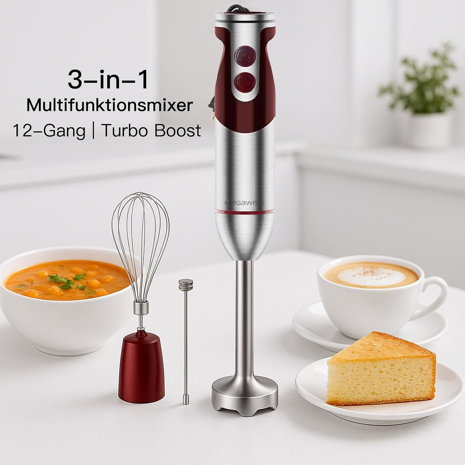 MegaWise Pro Titanium Reinforced 3-in-1 Immersion Corded Hand Blender, Powerful MOTOR with 80% Sharper Blades, 12-Speed Corded Blender, IncludingWhisk and Milk Frother (3-in 1 Red) - Image 6