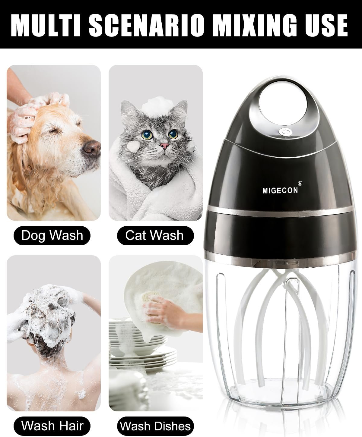 MIGECON Stand Mixer Electric Kitchen Mixer, Electric Egg Beater, Shampoo & dogs Body Wash Foam Whipper, One-touch operation to prevent spills (Dark Grey) - Image 3