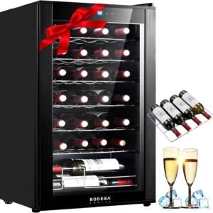 BODEGACOOLER Wine Cooler, 28 Bottles Small Wine Fridge, Freestanding Wine Cellar,Compressor Cooling Mini Fridge with Glass Door 41℉ to 64.4℉ for Red White Champagne, Digital Temperature Control