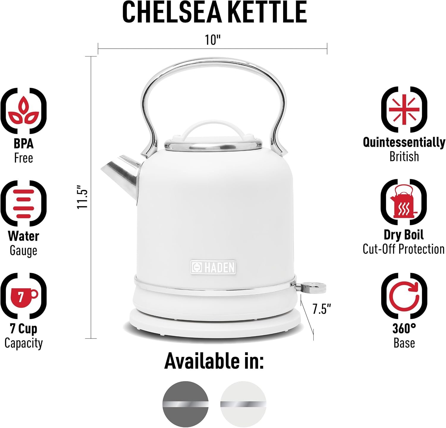 HADEN Chelsea 1.7 Liter (7 Cup) Cordless Electric Kettle with Auto Shut-Off and Boil-Dry Protection Ivory and Chrome - Image 3