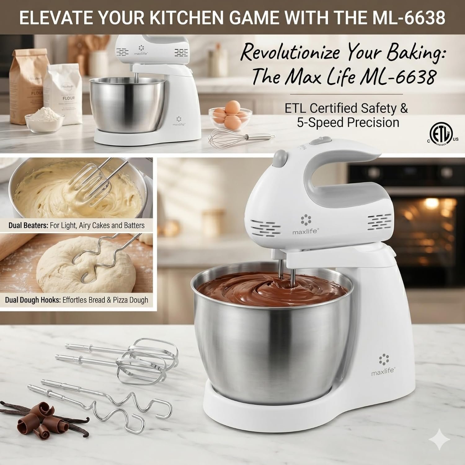 Max Life 3.2 Quarts Stand Mixer - 5-Speed Electric Powerful Stand Mixer, White, with Stainless Steel Bowl, Dough Hooks, Beaters, - Image 7