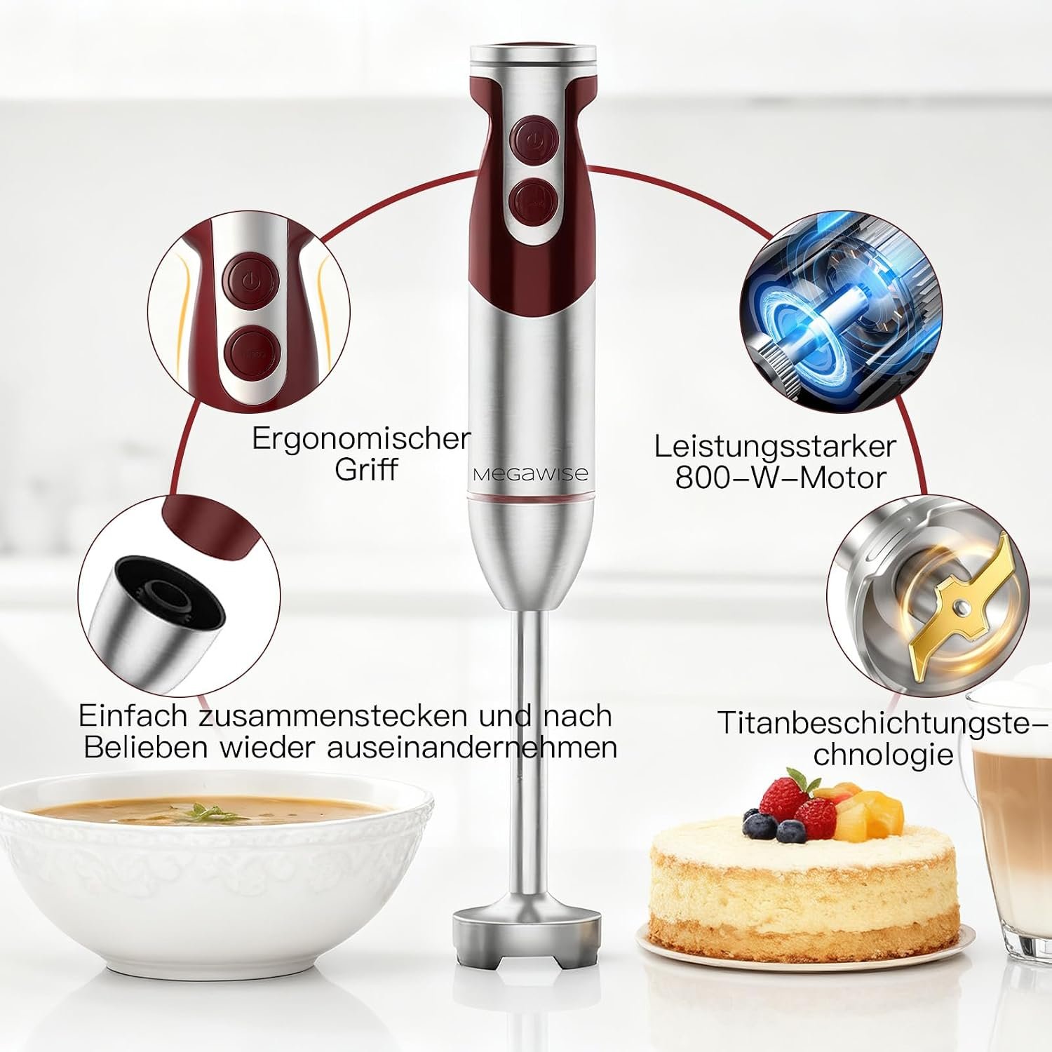 MegaWise Pro Titanium Reinforced 3-in-1 Immersion Corded Hand Blender, Powerful MOTOR with 80% Sharper Blades, 12-Speed Corded Blender, IncludingWhisk and Milk Frother (3-in 1 Red) - Image 10