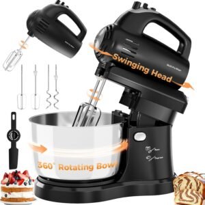 Stand Mixer Hand Mixer Kitchen Electric – 2-IN-1 3.2 QT Auto-Rotating Bowl & Beater Tilt-Head Small Standing Mixer, 250 Watt 5-Speed with Turbo Boost Household Mixer with Beaters & Dough Hooks