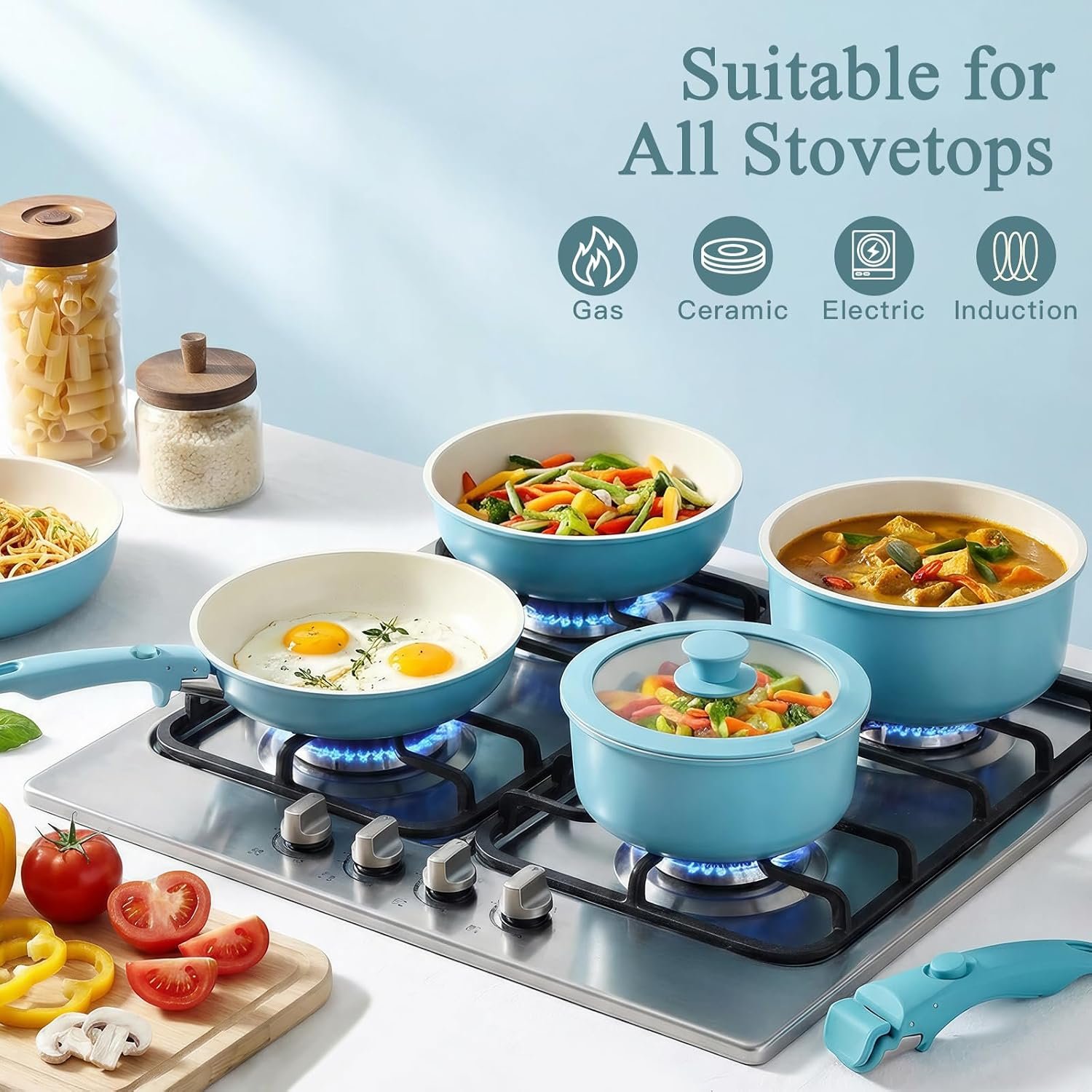 GIPP 11pcs Pots and Pans Set Non Stick, Nonstick Cookware Set Detachable Handle,Ceramic Pots for Cooking Non Stick with Removable Handle, RV Cookware Set, Light Blue Gradient - Image 7