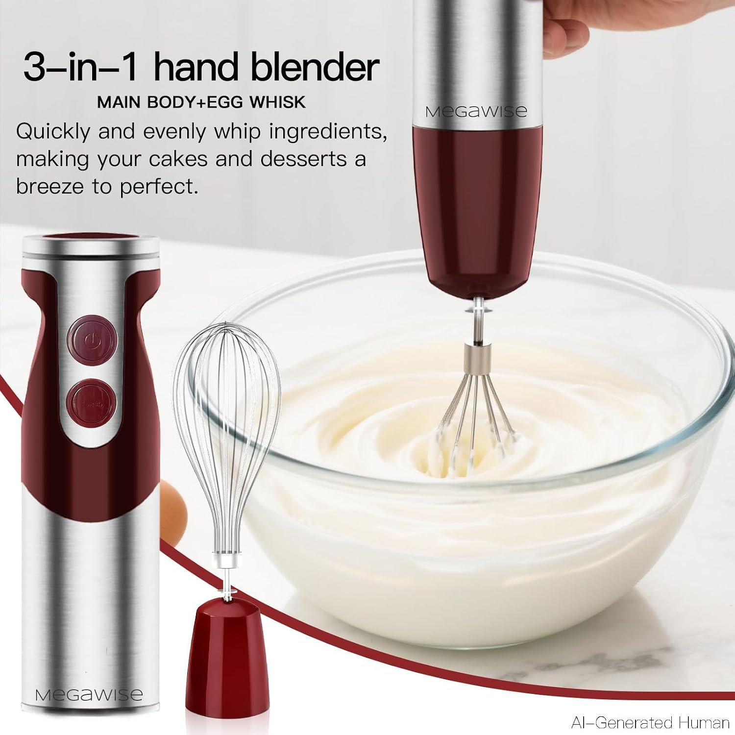 MegaWise Pro Titanium Reinforced 3-in-1 Immersion Corded Hand Blender, Powerful MOTOR with 80% Sharper Blades, 12-Speed Corded Blender, IncludingWhisk and Milk Frother (3-in 1 Red) - Image 7