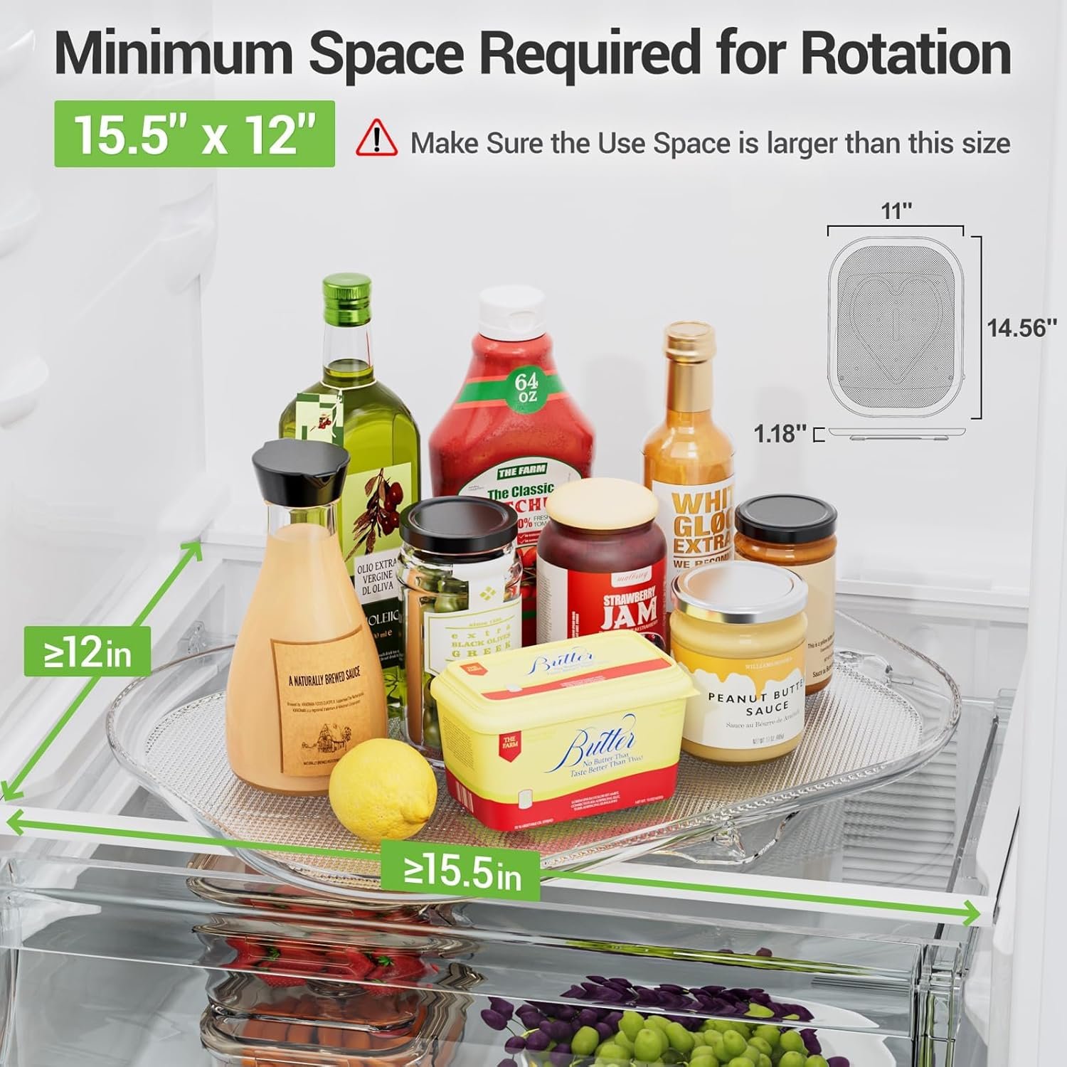 LAMU 14.56''x11'' Lazy Susan Turntable Organizer for Refrigerator, Clear Rectangle Lazy Susan, Condiment Organizer for Fridge Organizers and Storage, Cabinet, Pantry, Countertop, 1 Pack - Image 3