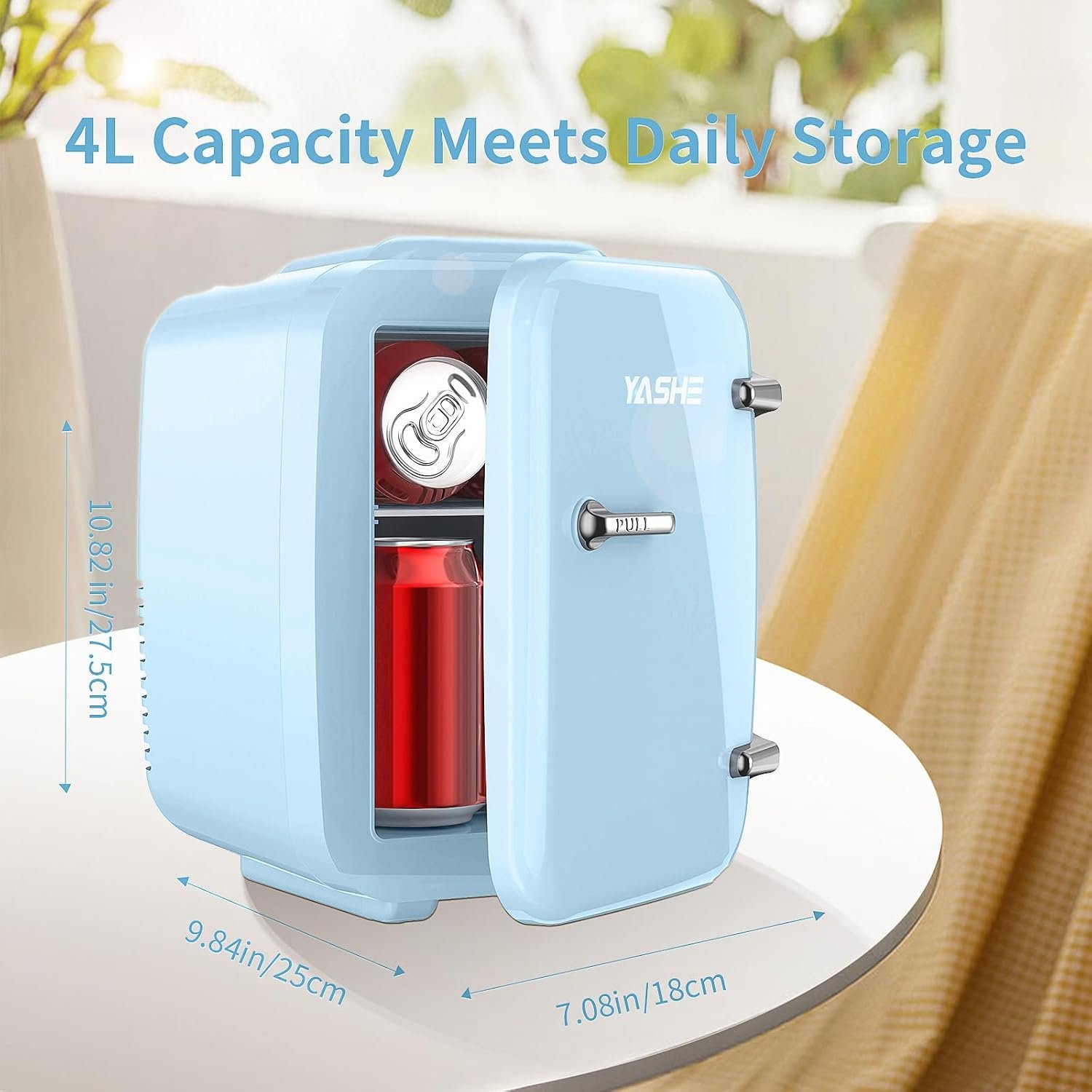 YASHE Mini Fridge, 4 Liter/ 6 Cans Small Refrigerator for Bedroom, 110V AC/ 12V DC Thermoelectric Cooler and Warmer for Drink Office Dorm Car, Blue - Image 3