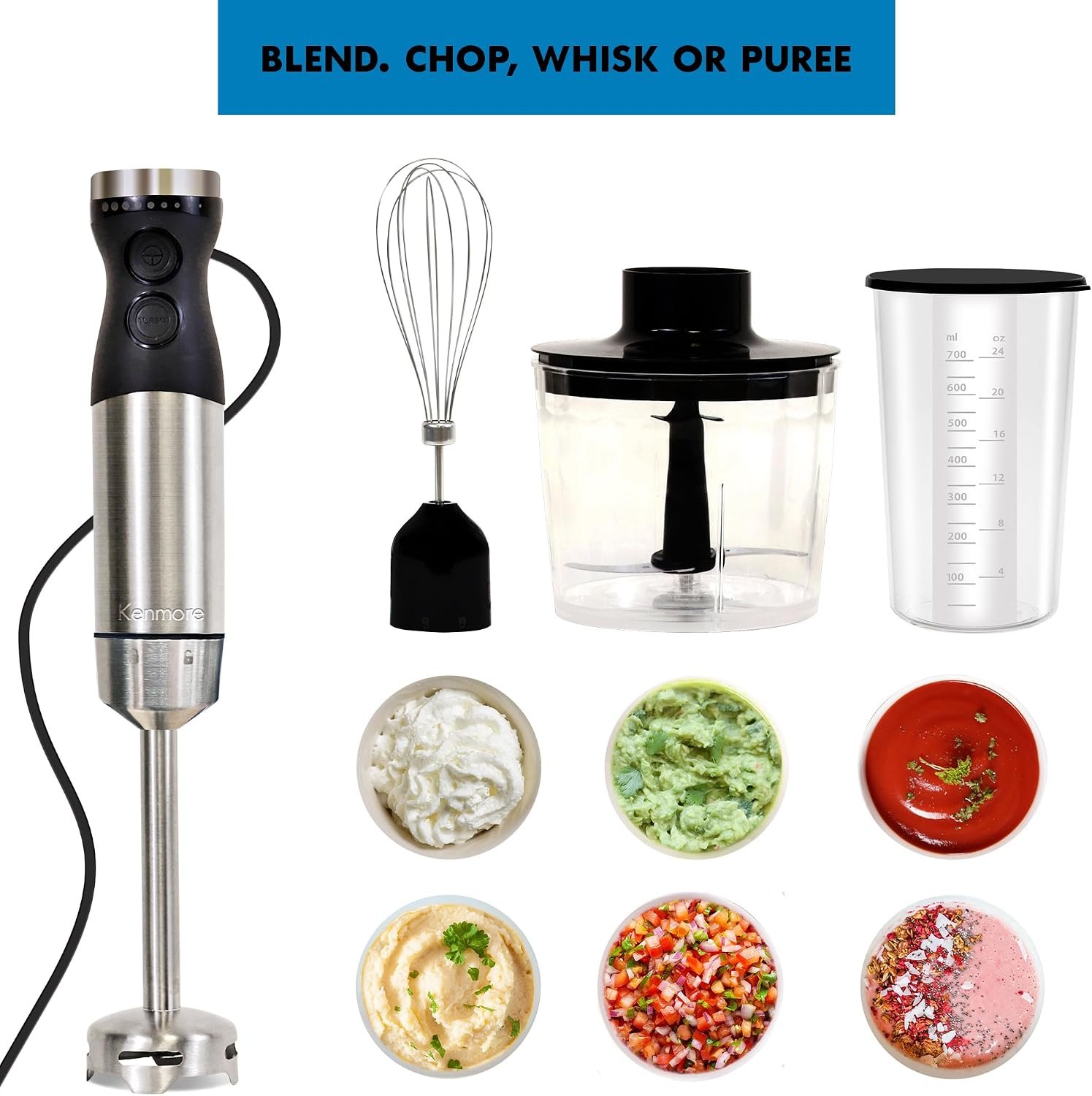 Kenmore Immersion Hand Blender Mixer Variable Speed Handheld Blending Stick Smoothie Food Chopper Whisk 700mL Beaker Lid Baby Food Red Sauces Puree Soup Quad Blade Kitchen Black Silver - Image 7