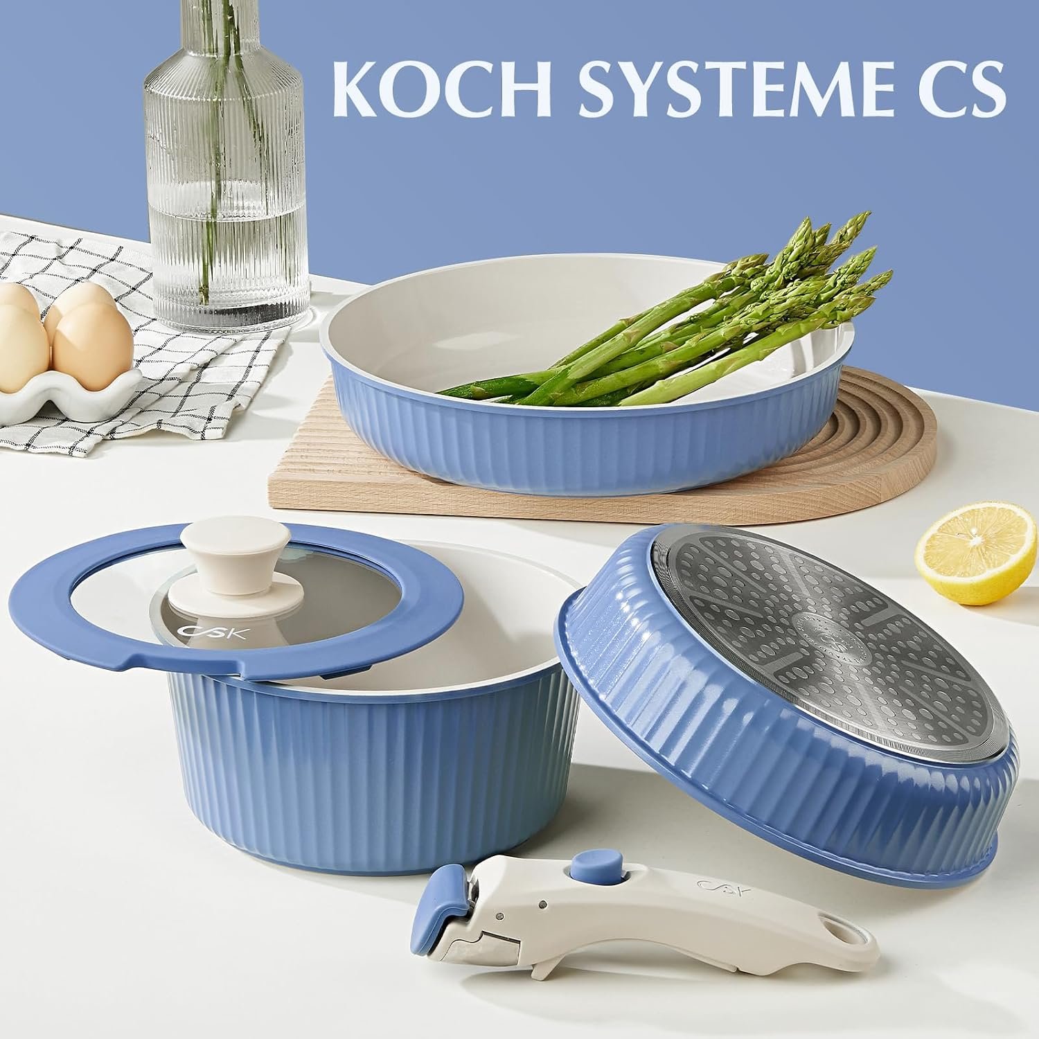 KOCH SYSTEME CS 19 Piece Pots and Pans Set with Detachable Handle, Nonstick Removable Handle Ceramic Cookware Set, Induction Kitchen Stackable Set, Dishwasher & Oven Safe, PFAS PTFE PFOA Free - Image 9