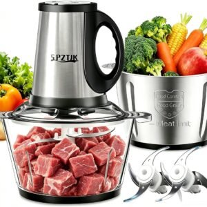 SPZTJK 3-Speed Electric Food Processor: Meat Grinder, Vegetable Chopper & Baby Food Maker – 300W, 2 Bowls (8 Cup Stainless Steel+8 Cup Glass), Quiet Operation