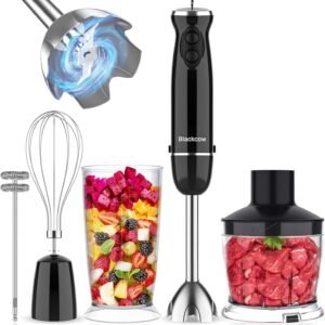 Blackcow Immersion Blender Set for Kitchen,500W Extra Quiet Emulsion Blender Handheld,12 Speed Electric Hand Mixer with BPA Free Attachments:Chopper Bowl,Whisk,Milk Frother,Measuring Cup(Black Set)