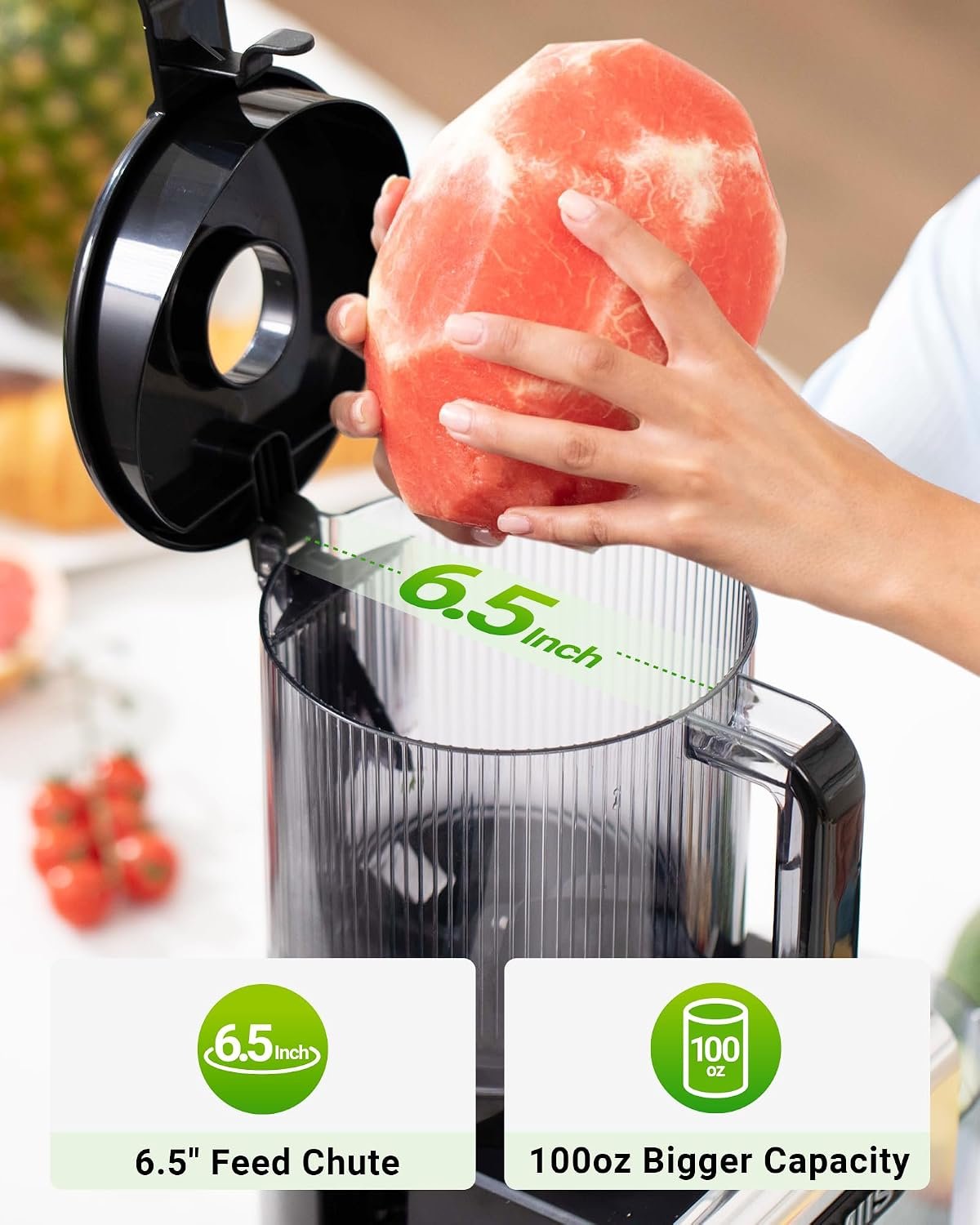 Juicer Machine, 6.5" Large Feed Chute Cold Press Juicer with 350W, Slow Masticating Juicer for Whole Vegetables & Fruits, High Juice Yield, Easy to Clean, Black - Image 4