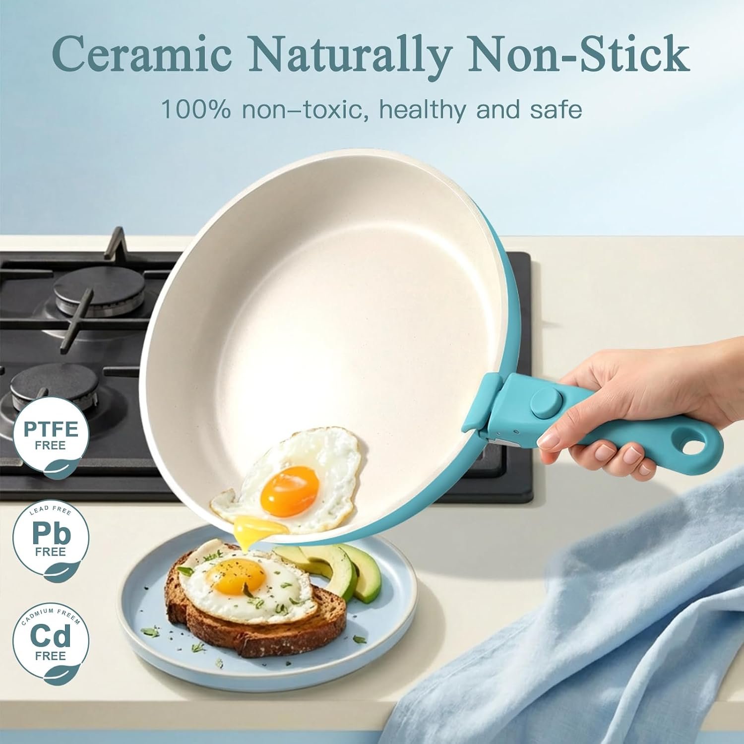 GIPP 11pcs Pots and Pans Set Non Stick, Nonstick Cookware Set Detachable Handle,Ceramic Pots for Cooking Non Stick with Removable Handle, RV Cookware Set, Light Blue Gradient - Image 8