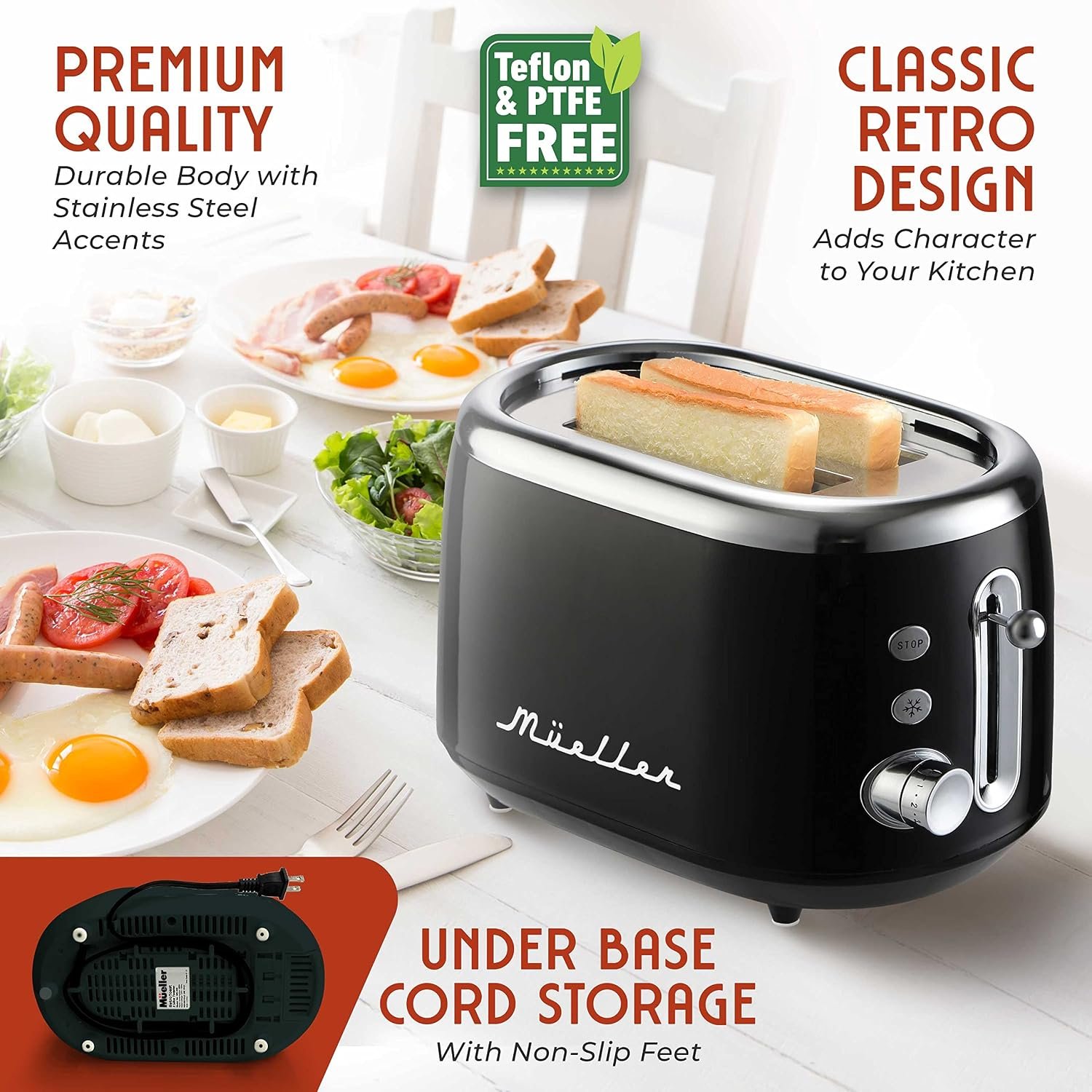 MUELLER HOME Retro Toaster 2 Slice, 7 Browning Levels | 3 Functions (Reheat, Defrost, Cancel), Stainless Steel Features, Removable Crumb Tray, Under Base Cord Storage, - Image 6