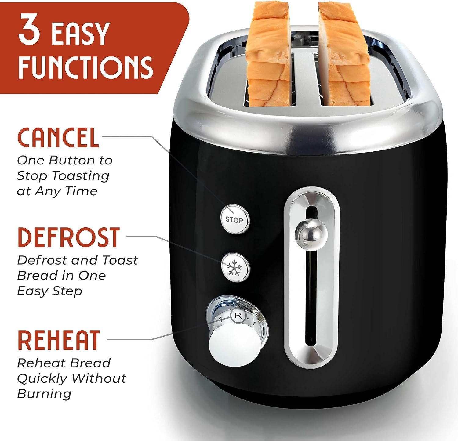 MUELLER HOME Retro Toaster 2 Slice, 7 Browning Levels | 3 Functions (Reheat, Defrost, Cancel), Stainless Steel Features, Removable Crumb Tray, Under Base Cord Storage, - Image 3
