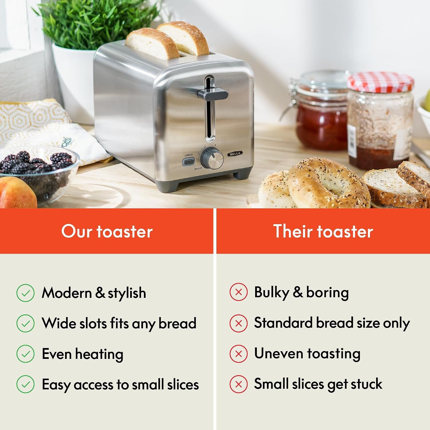 bella Stainless Steel 2 Slice Toaster with Extra Wide Slots & Removable Crumb Tray - 6 Browning Options, Auto Shut Off & Reheat Function - Toast Bread, Bagel & Waffle - Image 6