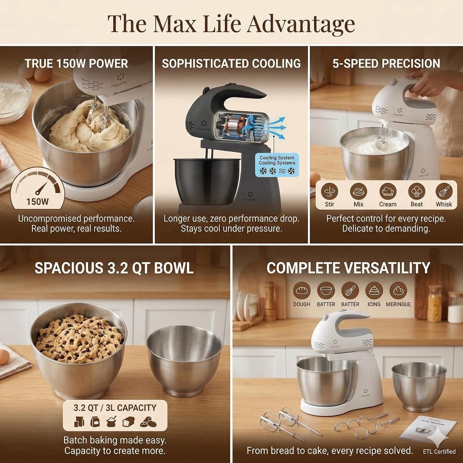 Max Life 3.2 Quarts Stand Mixer - 5-Speed Electric Powerful Stand Mixer, White, with Stainless Steel Bowl, Dough Hooks, Beaters, - Image 8