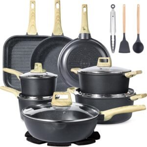 GiPP 21Psc Pots and Pans Set Non Stick White Granite Kitchen Cookware Sets Nonstick Induction Cookware Non-Toxic Cooking Pan Set with Silicone Utensils, PFOS and PFOA Free