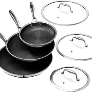 HexClad 6pc Hybrid Nonstick Frying Pans Set with Lids, 8, 10 & 12″ Pans