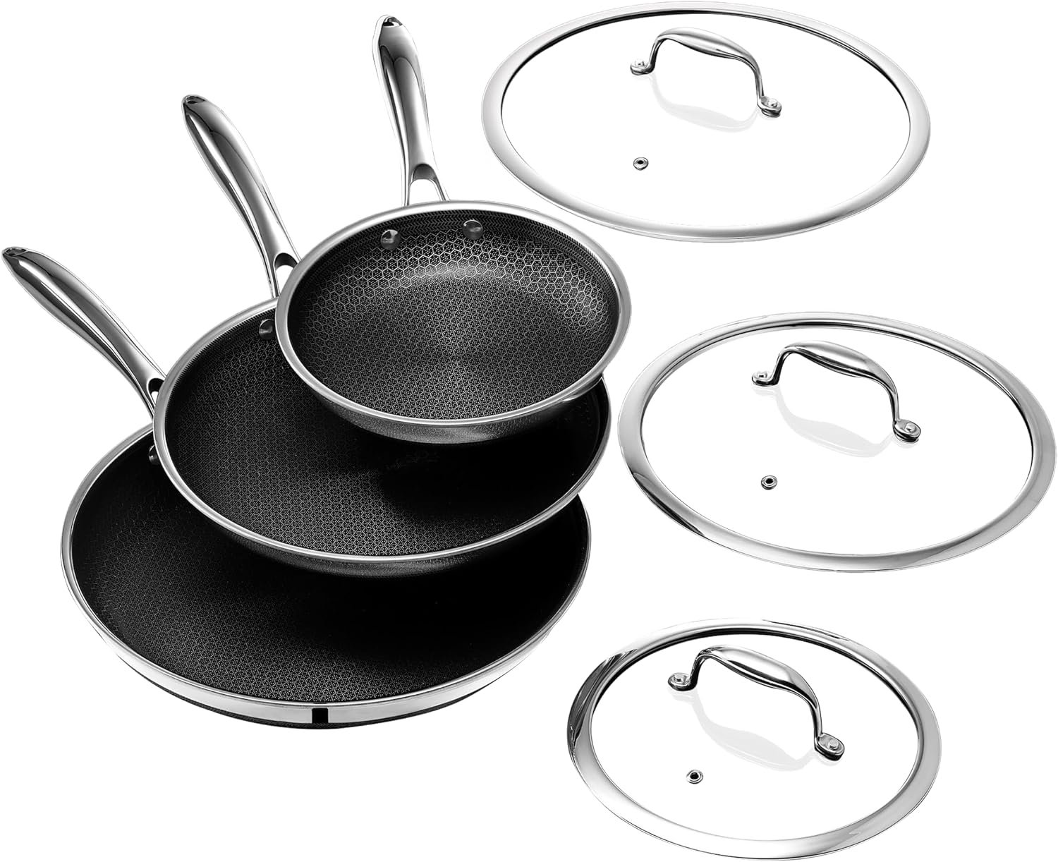 HexClad 6pc Hybrid Nonstick Frying Pans Set with Lids, 8, 10 & 12″ Pans HexClad 6pc Hybrid Nonstick Frying Pans Set with Lids, 8, 10 & 12″ Pans