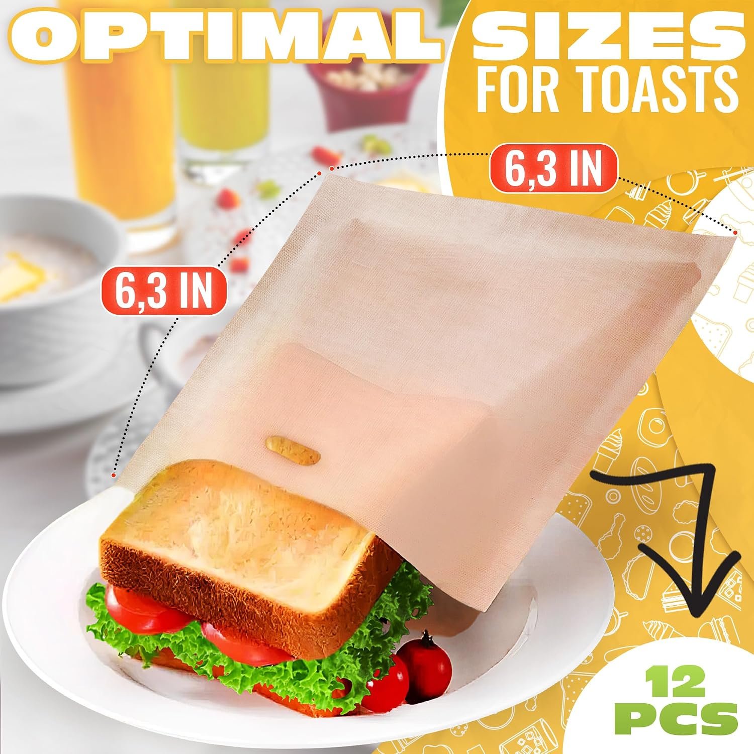 12 Pack Reusable Toaster Bags — Melty Grilled Cheese with Zero Mess, No Burnt Crumbs, Non-Stick, Heat Resistant, Up to 50 Uses, 6.3"x6.3" Panini & Sandwich Pouches for Toaster, Microwave, Oven, Grill - Image 3